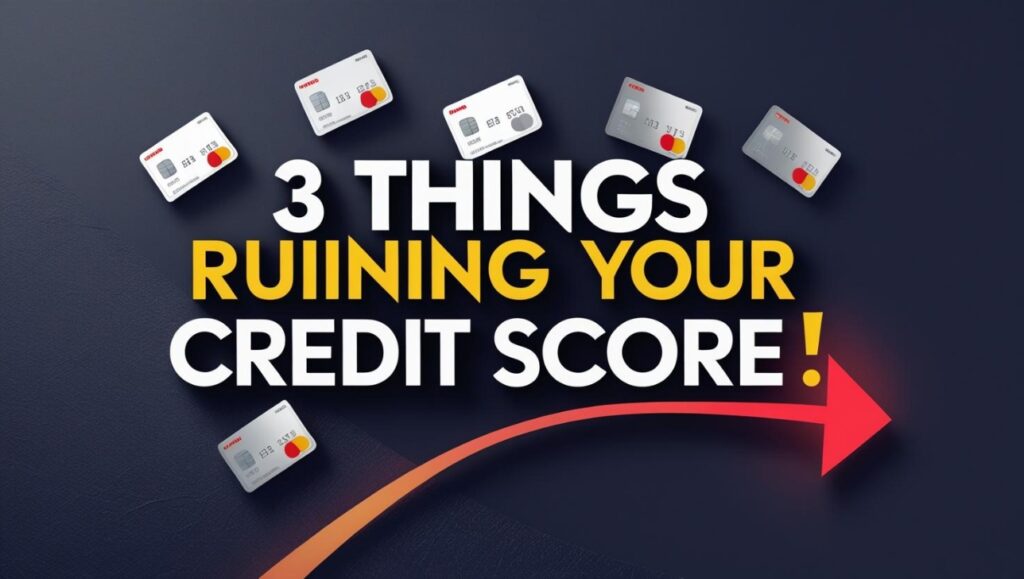 3 things secretly ruining your credit score – warning icon, credit cards, red arrow down – finance tip thumbnail