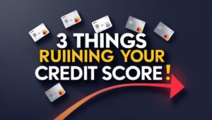 3 things secretly ruining your credit score – warning icon, credit cards, red arrow down – finance tip thumbnail
