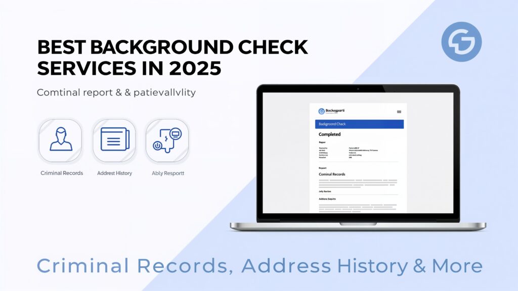 Modern digital dashboard showing background check report with text "Best Background Check Services in 2025