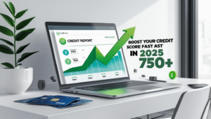 Illustration of a rising credit score chart with green arrow and "Boost Your Credit Score Fast in 2025" text overlay.