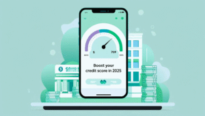 Smartphone showing credit score improvement meter with money and bank icons in background – Boost your credit score in 2025