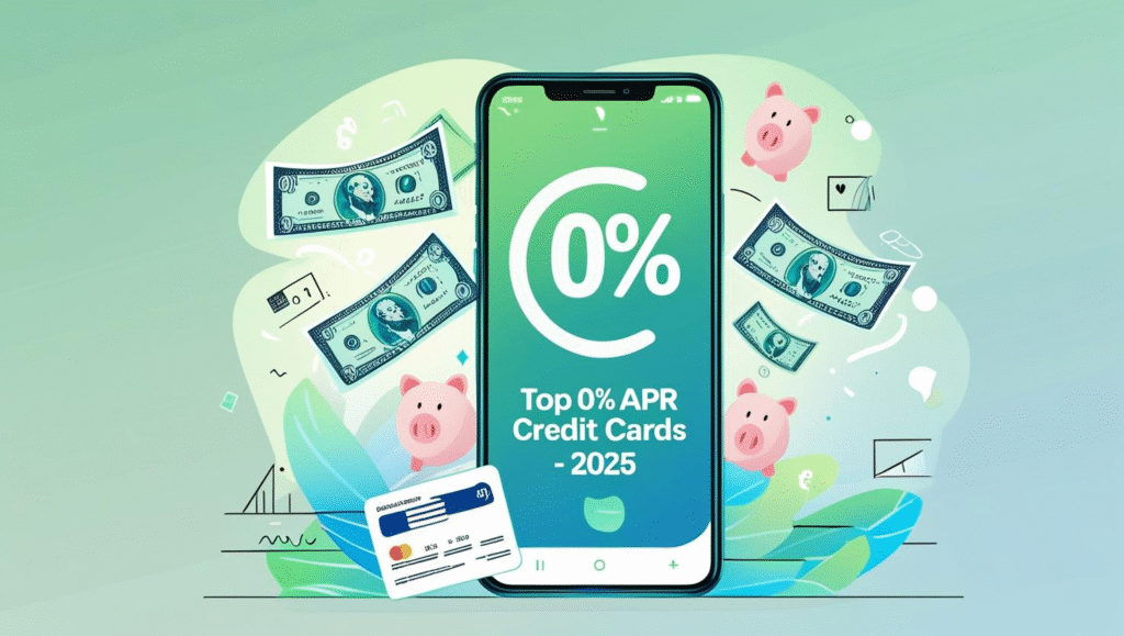 Illustration of a smartphone showing 0% APR credit card offer for 2025 with financial icons in the background.