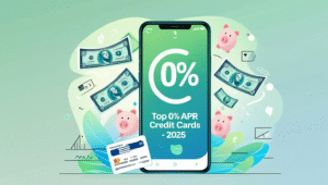Illustration of a smartphone showing 0% APR credit card offer for 2025 with financial icons in the background.