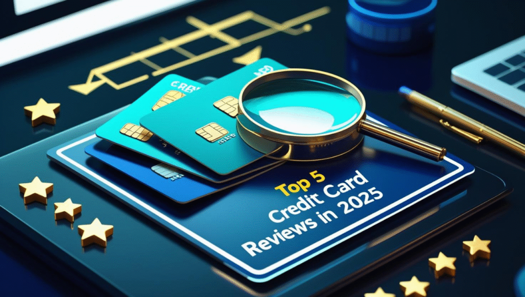 Top 5 credit card reviews in 2025 with ratings and features displayed visually