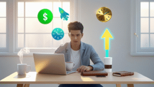 Person working on a laptop at home with coffee, planner, and money icons representing side hustle opportunities