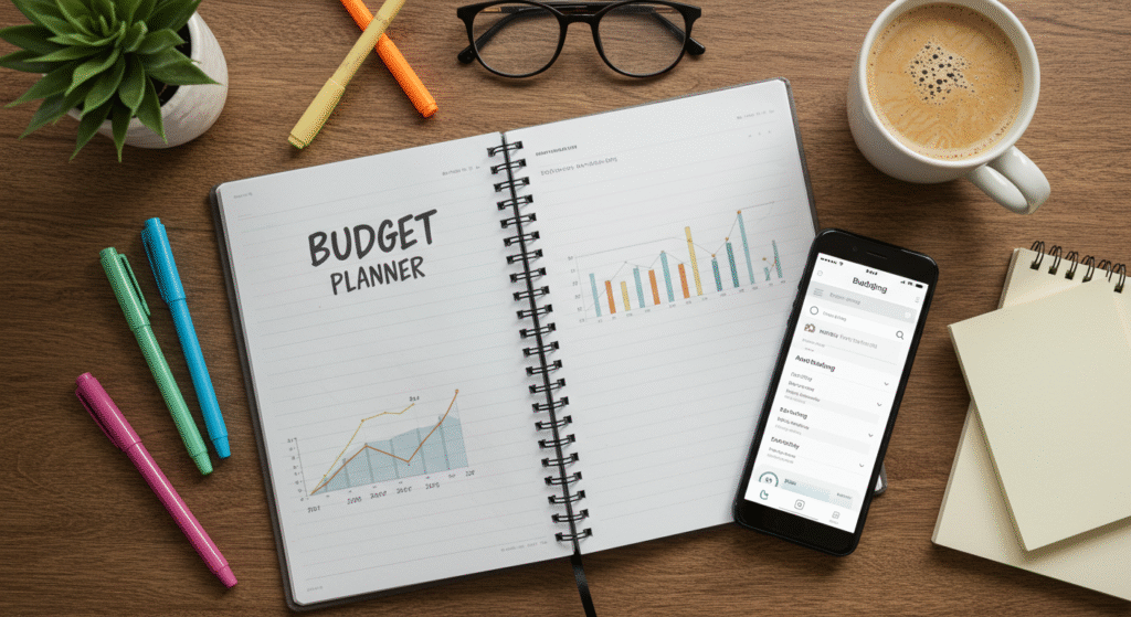 Budget planner notebook and app on desk with coffee