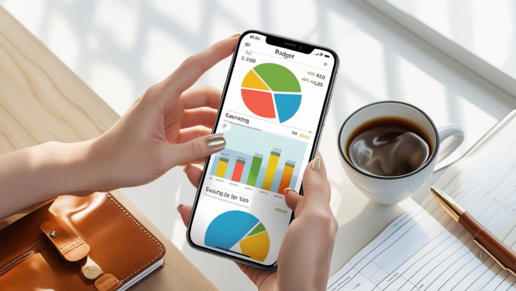 Phone with budgeting app showing savings tracker