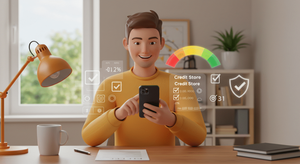 Young adult reviewing credit builder loan progress on phone at home office desk with credit report and score icons