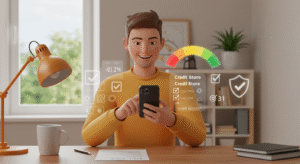 Young adult reviewing credit builder loan progress on phone at home office desk with credit report and score icons