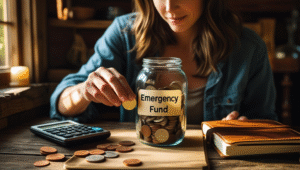 Young adult saving coins into an emergency fund jar at home