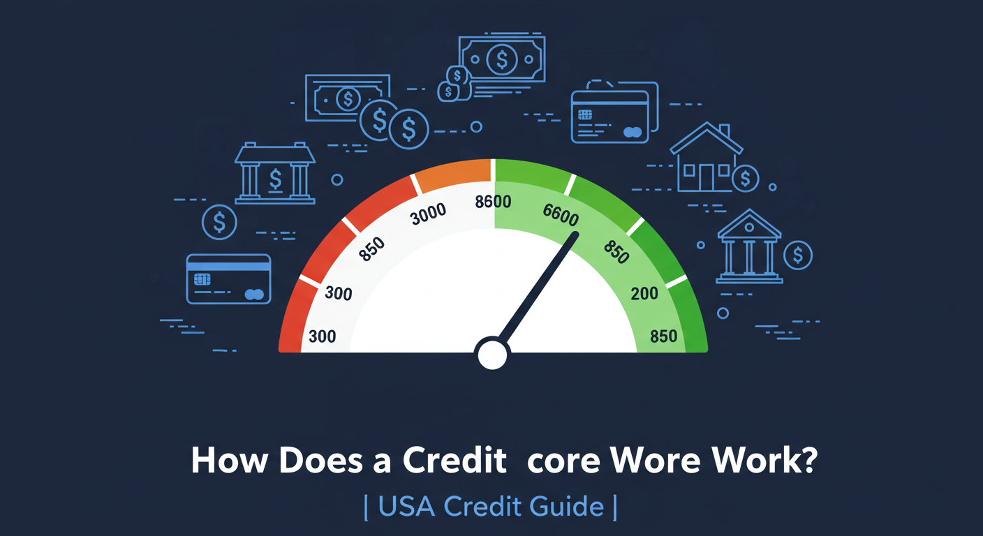 Illustration of a credit score gauge from 300 to 850 with icons of credit cards, loans, and homes – How Credit Scores Work in the USA