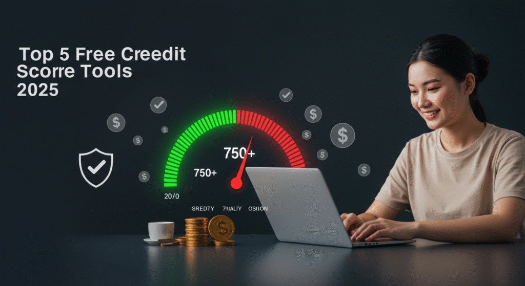 Person checking credit score on laptop with green meter showing 750+, surrounded by financial icons.