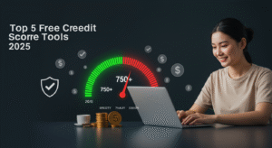 Person checking credit score on laptop with green meter showing 750+, surrounded by financial icons.