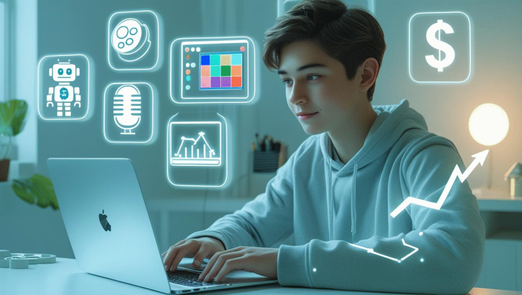 Person using AI tools to create content and earn money online in 2025