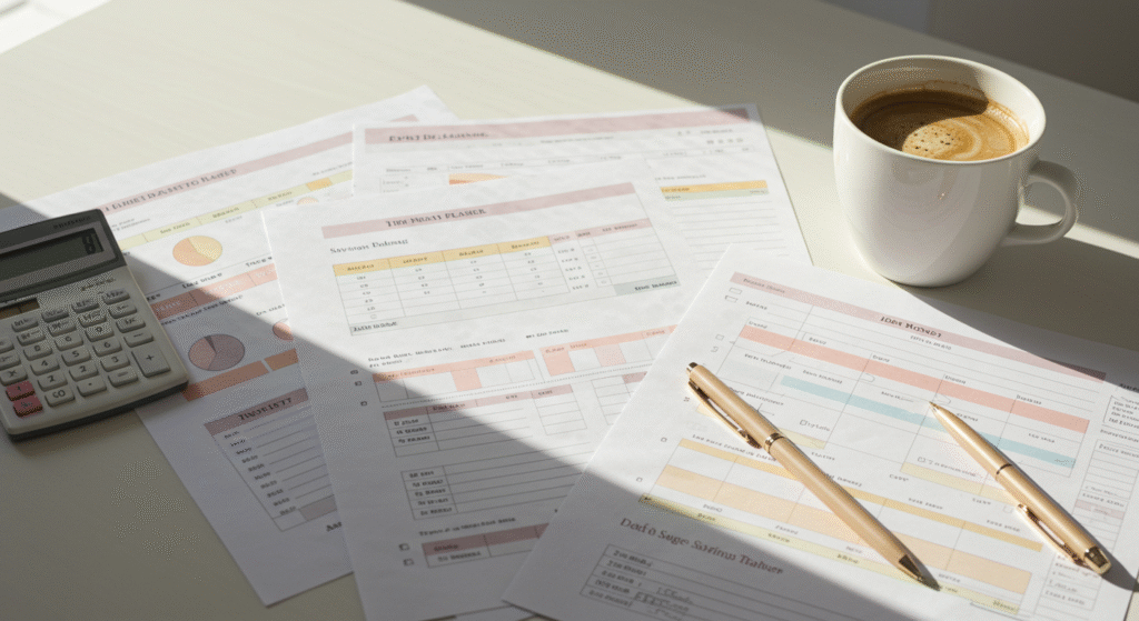 Free printable financial templates for budgeting, saving, and debt tracking on a clean desk with pen and coffee