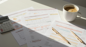 Free printable financial templates for budgeting, saving, and debt tracking on a clean desk with pen and coffee